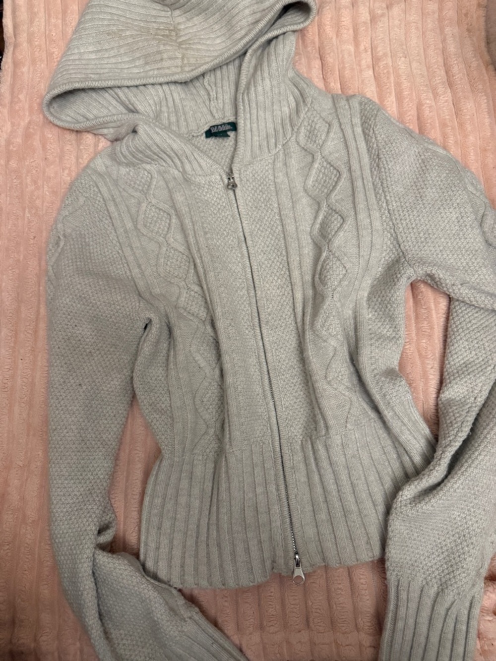 Cozy Light Gray Hooded Cable-Knit Zip Sweater Set